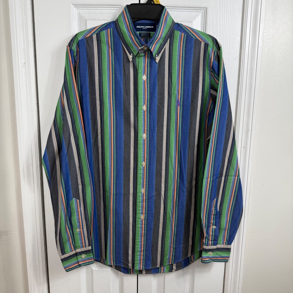 Ralph Lauren Golf Shirt Medium Blue Green Striped Custom Fit Preppy Button Down